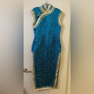 Vintage Turquoise Floral Chinese Cheongsam Dress Sz 38